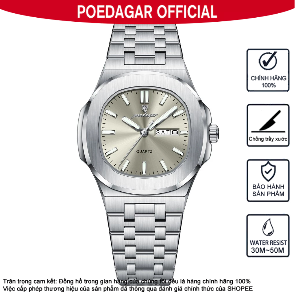 Đồng hồ cặp đôi chính hãng POEDAGAR 792 Đồng hồ nam vuông Kích thước nhỏ Đồng hồ nữ Đồng hồ thời trang tinh tế Quà tặng Đồng hồ kim loại sang trọng Dây đeo bằng thép không gỉ cổ điển thanh lịch Lịch phát sáng chống nước