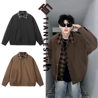  Tianlesiwei Áo khoác nam nữ dáng rộng đường phố cao cấp Mỹ mùa thu đông giả hai mảnh áo khoác ve áo kẻ sọc đẹp trai 