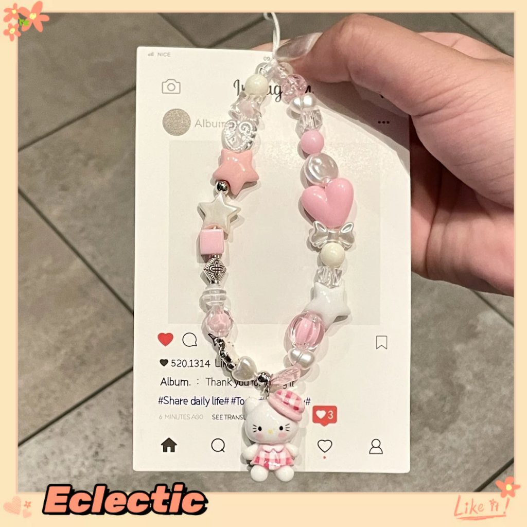 - Eclectic - Mặt dây chuyền hình mèo hồng hoạt hình dễ thương đính hạt sao dây đeo điện thoại di động ccd