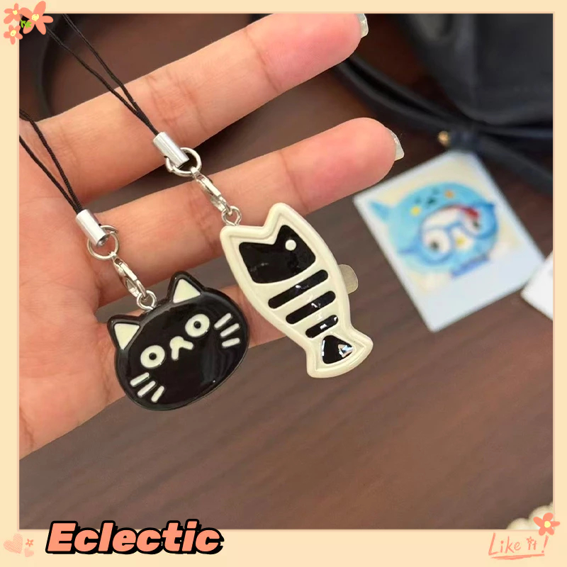 - Eclectic - Dây đeo điện thoại sáng tạo với mặt dây chuyền hình cá nhỏ và mèo đen thời trang