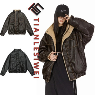  Tianlesiwei Mùa đông dáng rộng cổ áo cotton ấm áp phong cách retro Mỹ nam nữ cộng với áo khoác da pu nhung 