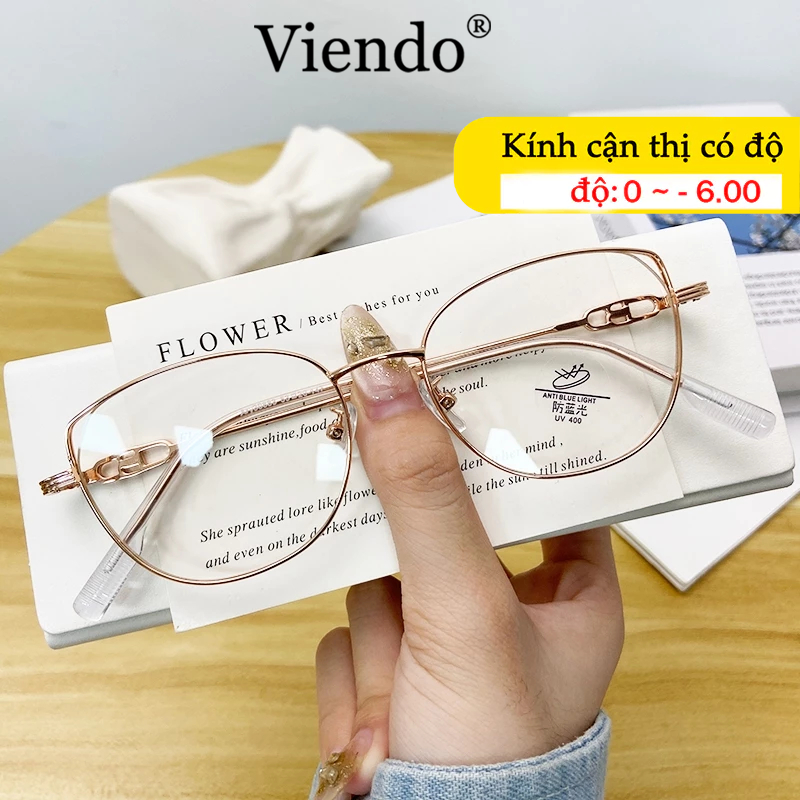 Gọng Kính Cận Nữ VIENDO Mặt Kính Mắt Mèo Kim Loại Chông Tia UV Ánh Sáng Xanh Đổi Màu Khi Ra Nắng Thời Trang -1.0/-2.0/-3.0/-4.0/-5.0/-6.0