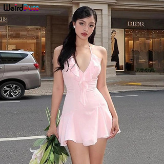 Weird Puss Lạ Puss Váy Mini Cổ Chữ V Tắt Tay Áo Lưng Chắc Chắn Đa Năng Không Khí Đường Phố Phong Cách Thời Trang 2024 Nóng Mới