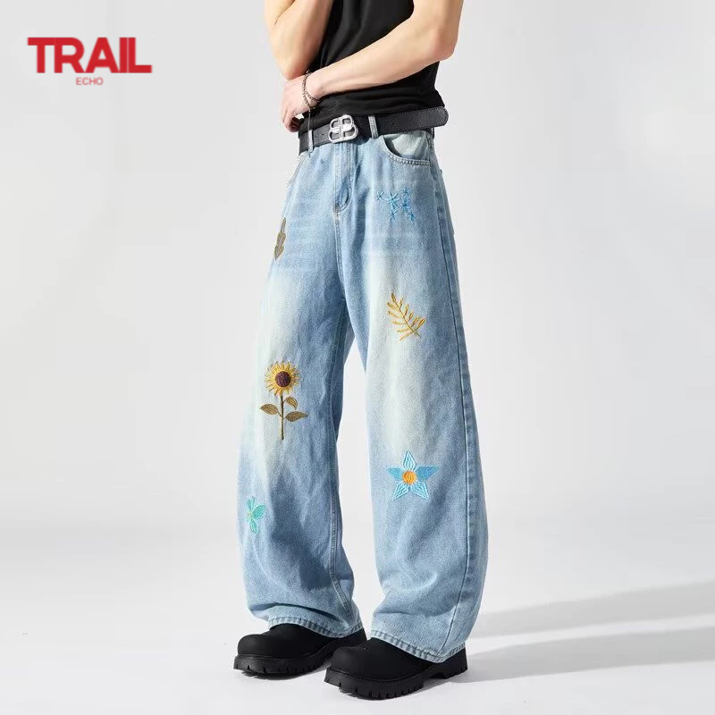 Quần Jean Ống Thẳng Thêu Hoa Dáng Rộng Trail Echo