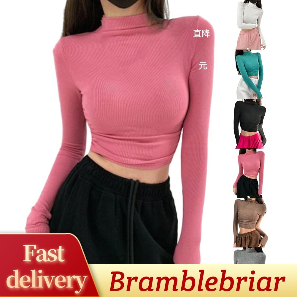 Áo thun nữ dài tay cổ cao vàcrop top style femme y2k