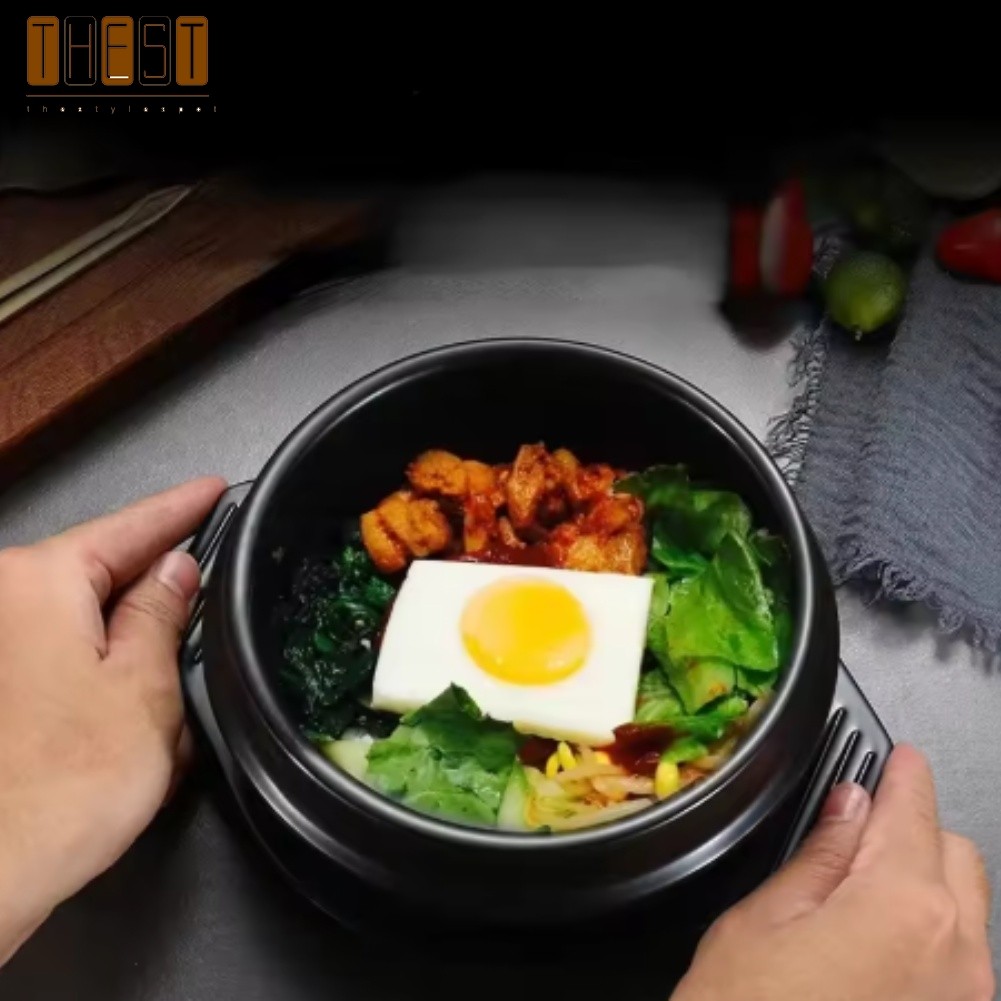 {July in New} Nồi đất sét Casserole cỡ 16cm chịu nhiệt có khay Nồi đá Hàn Quốc màu đen