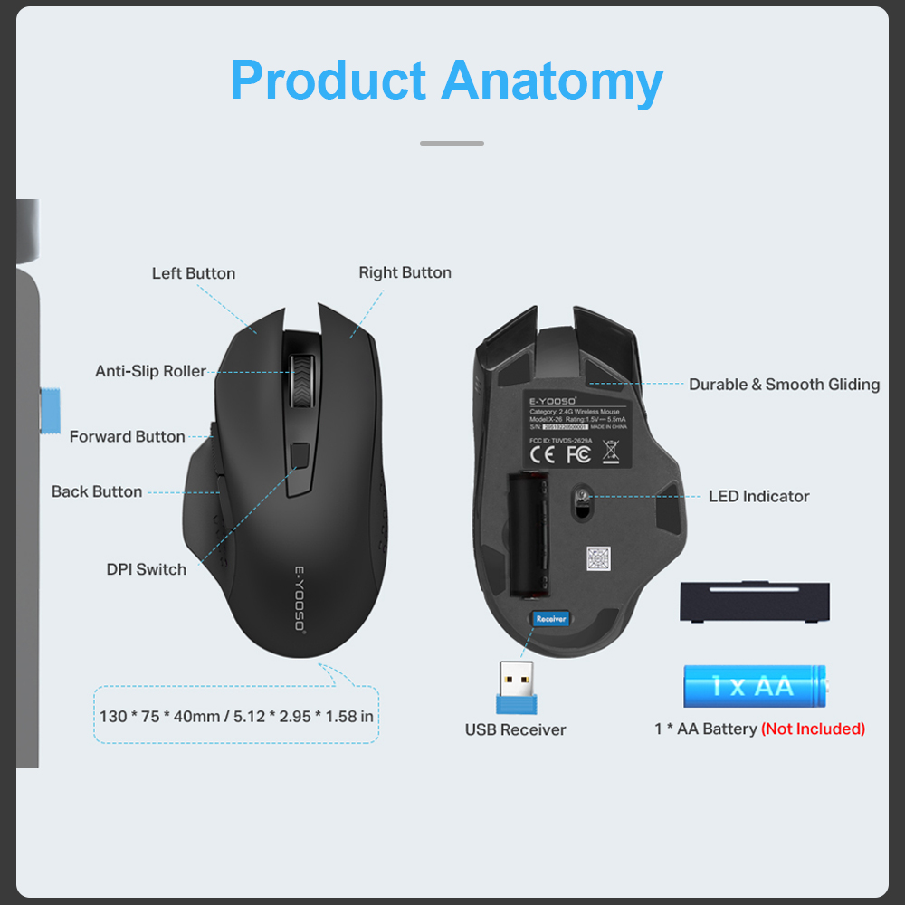 Chuột Quang Chơi Game Không Dây 5 Nút e-yooso x-26 usb 2.4g 4800Dpi Cho Máy Tính / laptop