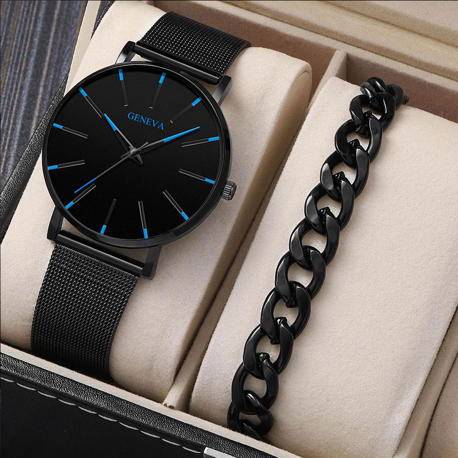 Bộ 2 Món Đồng Hồ quartz Dây Lưới Đơn Giản Cho Nam