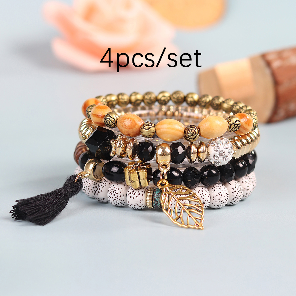 Set 4 Vòng Tay Chuỗi Hạt Gỗ Nhiều Lớp Phong Cách bohemian