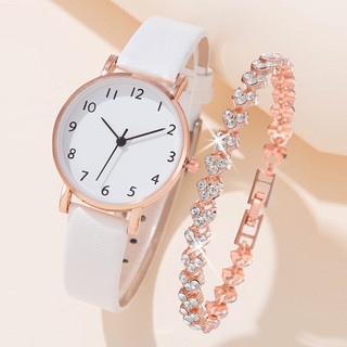 Set 2 đồng hồ nữ dây da mặt đá thạch anh hồng trắng