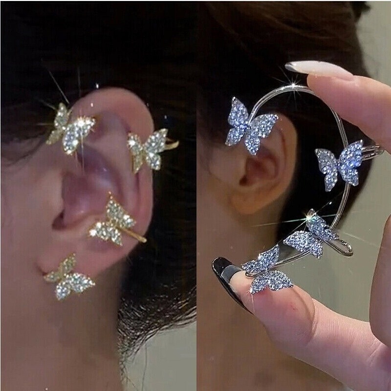 Khuyên Kẹp Vành Tai Kim Loại Hình Bướm Đính Đá zircon Lấp Lánh Thời Trang Pháp