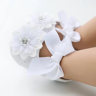 Giày sneaker đế mềm chống trượt màu trắng thắt nơ cho bé gái sơ sinh 0-18 tháng tuổi
