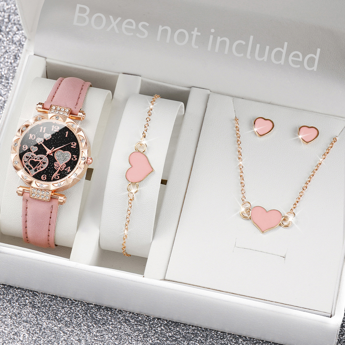 Thời Trang set Đồng Hồ quartz Nữ Mặt Trái Tim Đính Hột Xoàn + Trang Sức