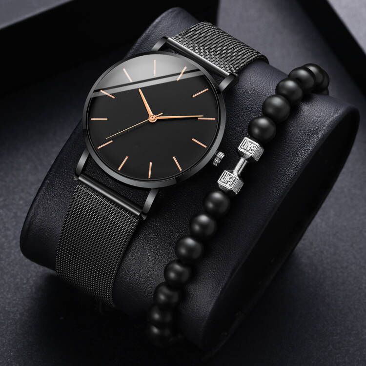 Đồng hồ nam doanh nhân - Đồng hồ thạch anh siêu mỏng thời trang có dây đeo lưới & vòng tay đính cườm | BigBuy360 - bigbuy360.vn