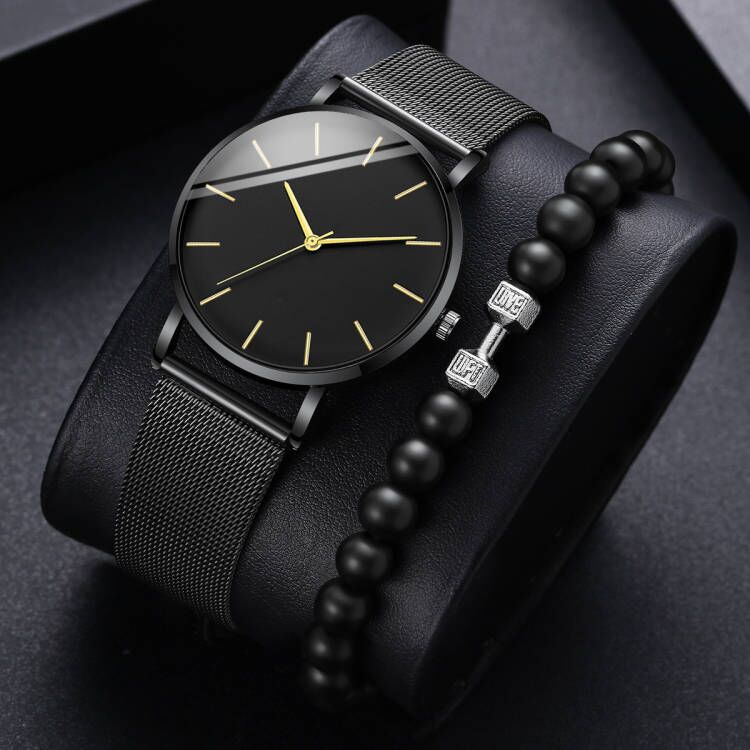 Đồng hồ nam doanh nhân - Đồng hồ thạch anh siêu mỏng thời trang có dây đeo lưới & vòng tay đính cườm | BigBuy360 - bigbuy360.vn