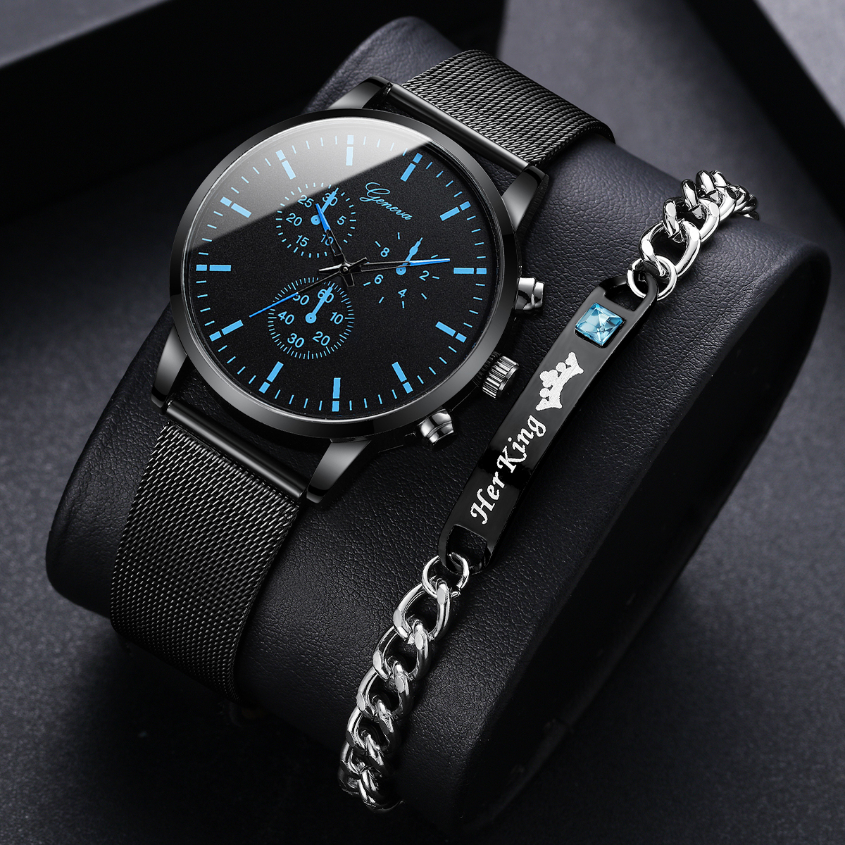 Đồng hồ nam doanh nhân Lưới thời trang với Bộ vòng tay vương miện đồng hồ thạch anh