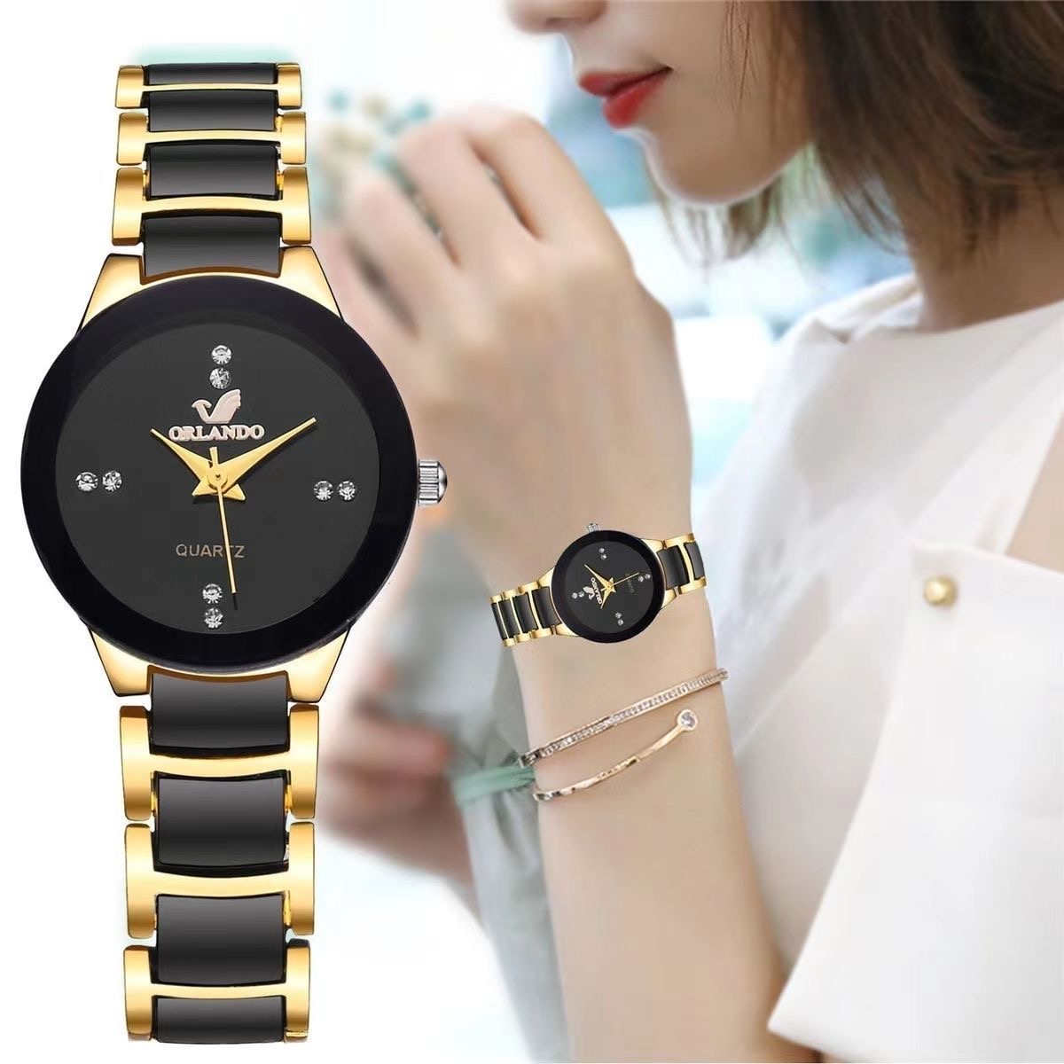 Đồng Hồ Đeo Tay Máy Quartz Dây Thép Đính Kim Cương Thời Trang Cho Nam Nữ