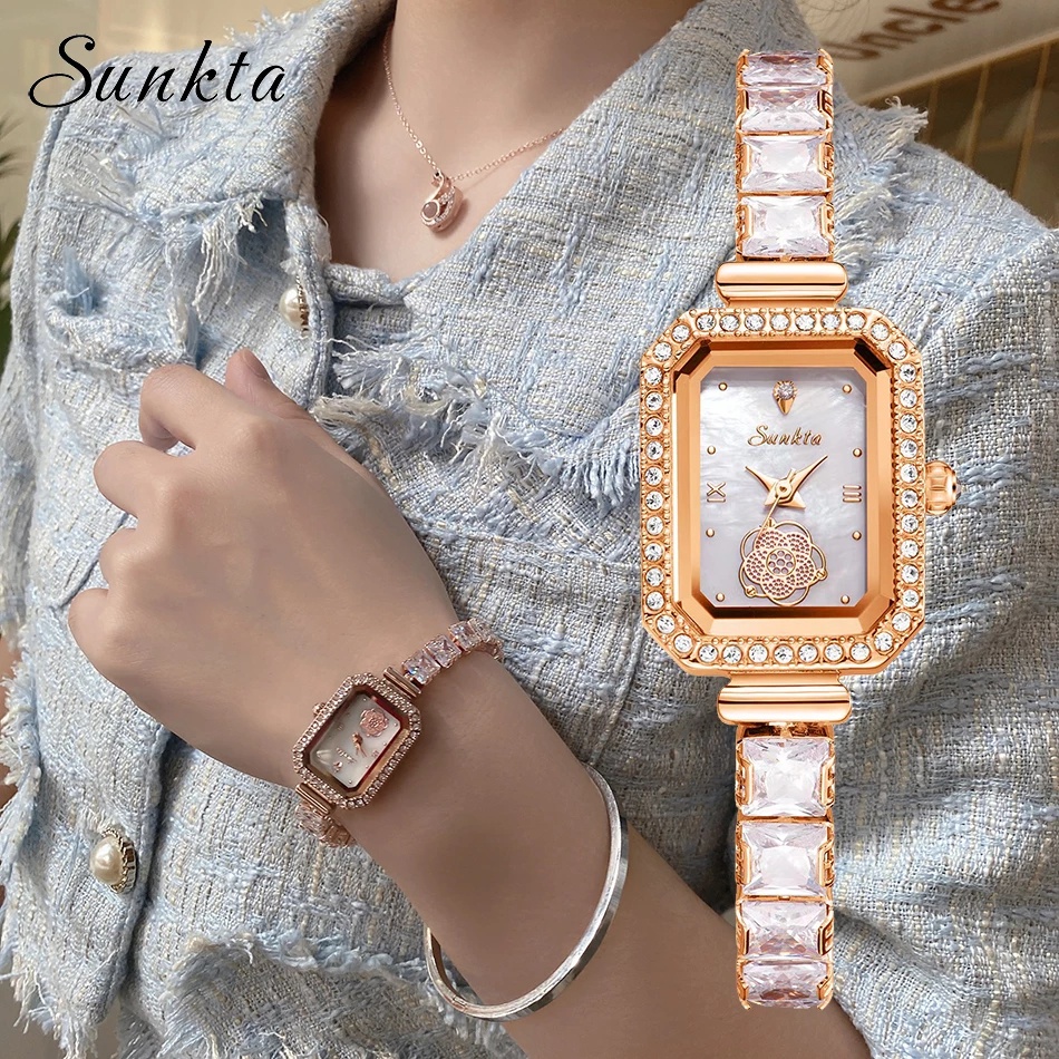 Đồng Hồ SUNKTA Nữ Dây Da Mặt Đá Sapphire Sang Trọng