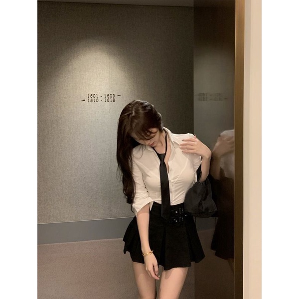 Bộ Đồng Phục Áo Sơ Mi Tay Dài + Chân Váy Xếp Ly Lưng Cao Phong Cách Preppy Thời Trang Mùa Xuân 2023