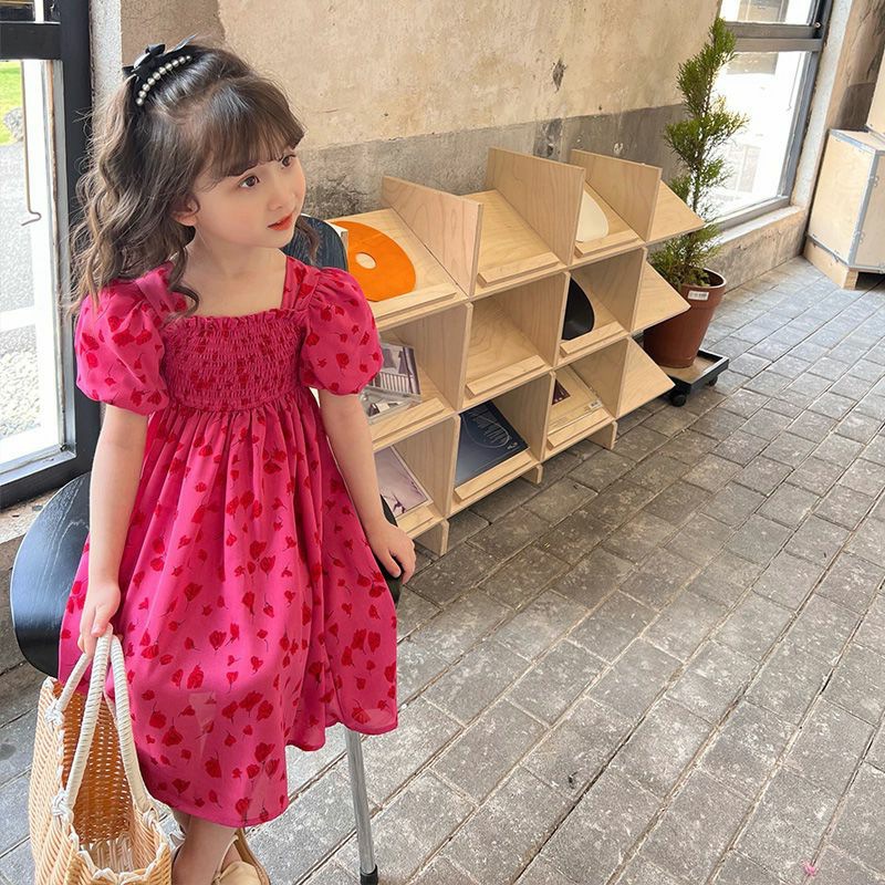 Đầm Công Chúa Cổ Vuông Tay Phồng Xếp Ly In Hoa Thời Trang Mùa Hè Cho Bé Gái