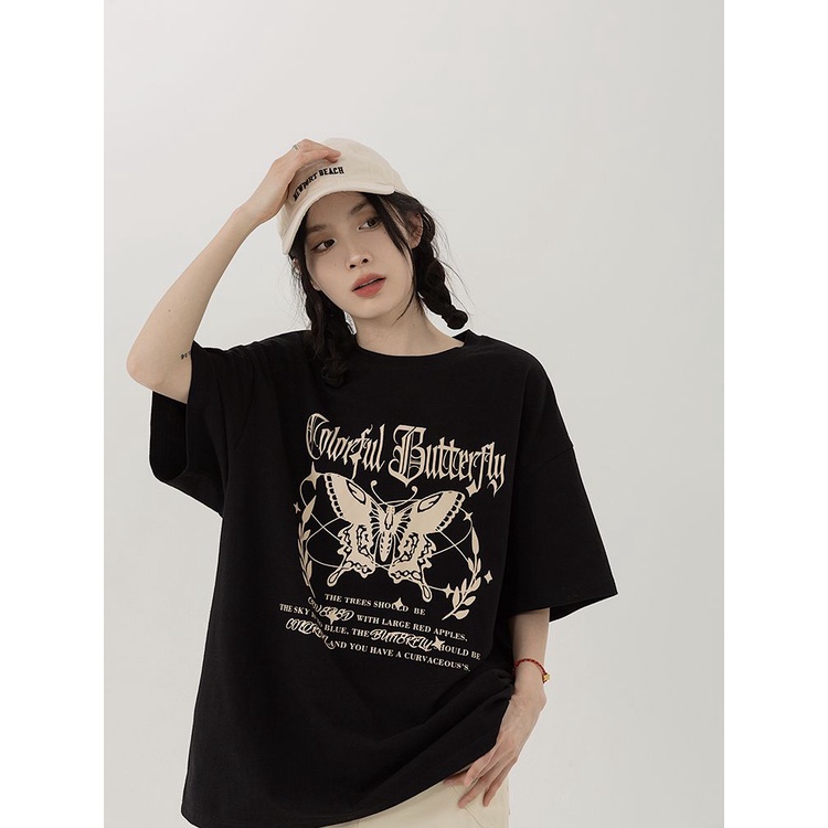Áo Thun Ngắn Tay Dáng Rộng In Hình Bướm Phong Cách Retro Đường Phố Mỹ Thời Trang Mùa Hè 260g Dành Cho Nữ