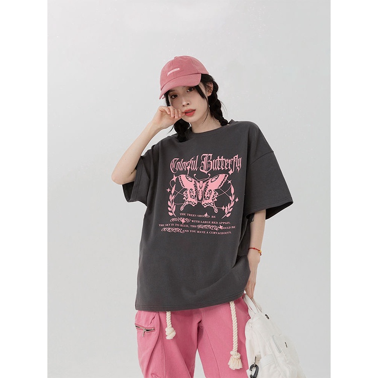 Áo Thun Ngắn Tay Dáng Rộng In Hình Bướm Phong Cách Retro Đường Phố Mỹ Thời Trang Mùa Hè 260g Dành Cho Nữ