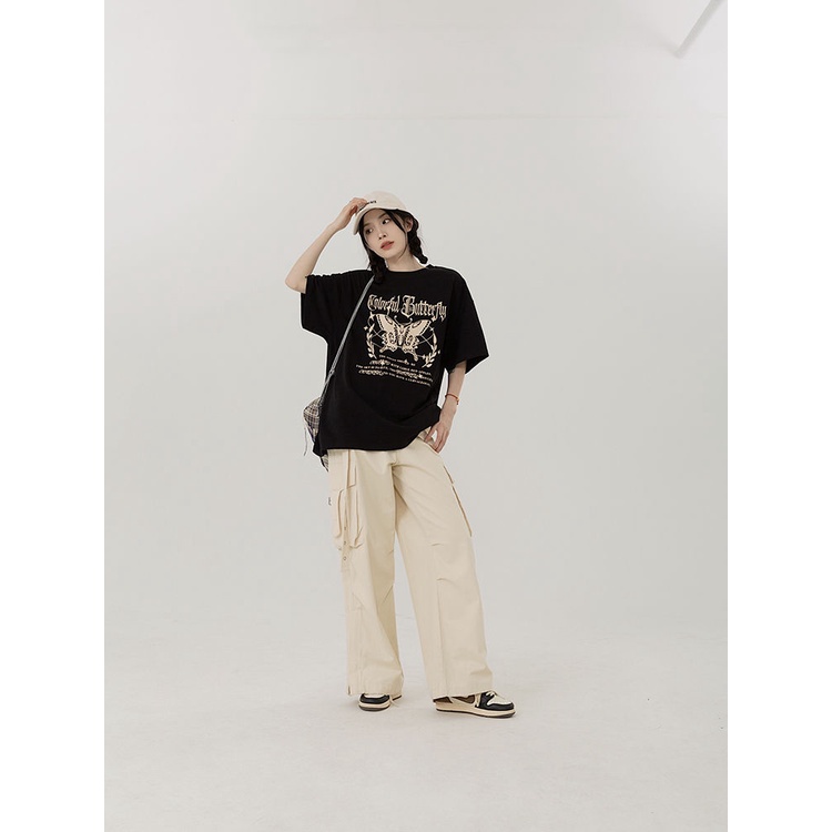Áo Thun Ngắn Tay Dáng Rộng In Hình Bướm Phong Cách Retro Đường Phố Mỹ Thời Trang Mùa Hè 260g Dành Cho Nữ