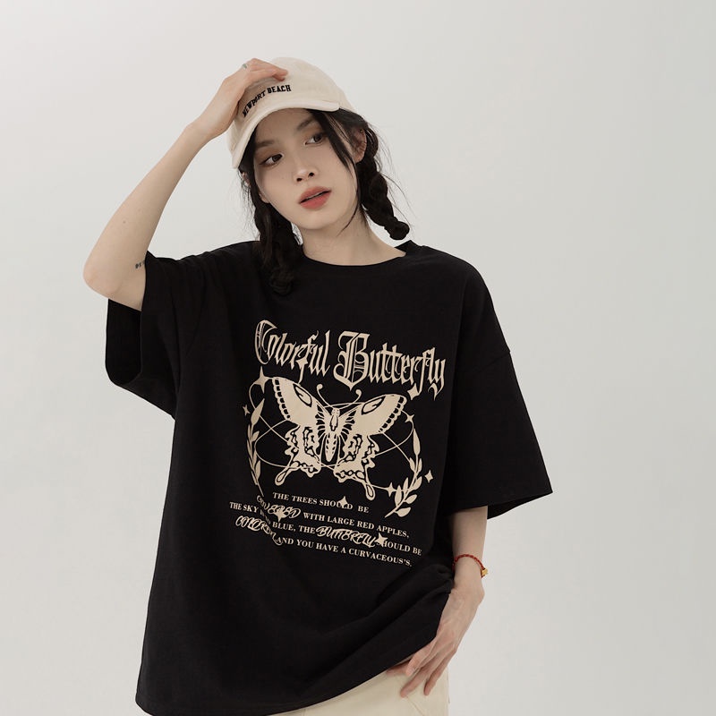 Áo Thun Ngắn Tay Dáng Rộng In Hình Bướm Phong Cách Retro Đường Phố Mỹ Thời Trang Mùa Hè 260g Dành Cho Nữ