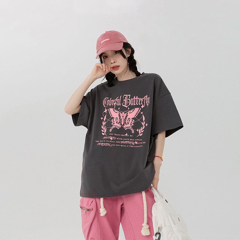 Áo Thun Ngắn Tay Dáng Rộng In Hình Bướm Phong Cách Retro Đường Phố Mỹ Thời Trang Mùa Hè 260g Dành Cho Nữ
