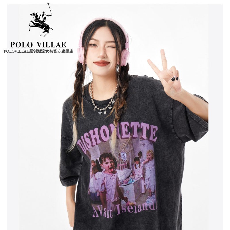 Áo Thun Polovillae 100% Cotton Ngắn Tay In Chữ Phong Cách Retro Mỹ