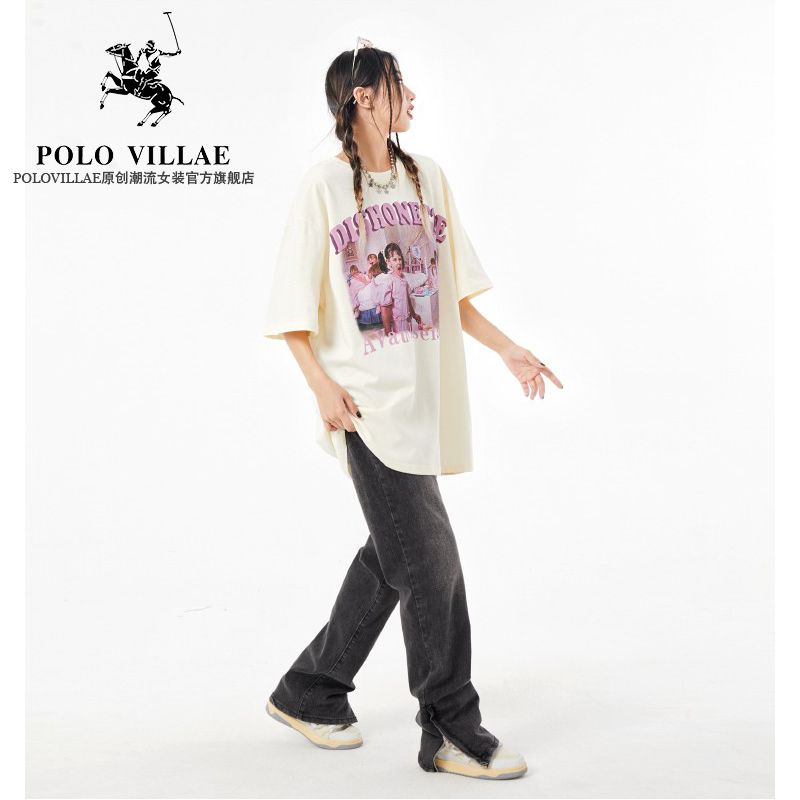 Áo Thun Polovillae 100% Cotton Ngắn Tay In Chữ Phong Cách Retro Mỹ