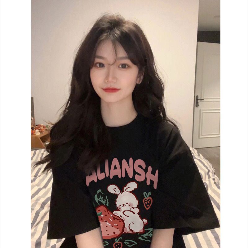 Áo Thun 100% Cotton Tay Ngắn Dáng Rộng In Hình Thỏ Phong Cách Hàn Quốc Thời Trang Cho Nữ