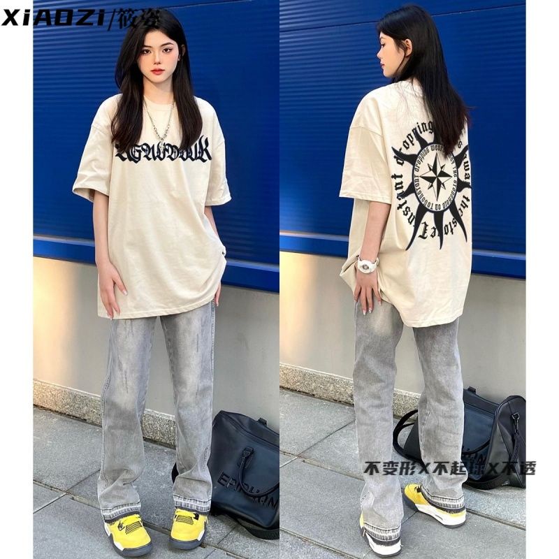 Xiaozi Heavy Áo Thun Tay Lỡ In Chữ Phong Cách Retro Mỹ 280g Dành Cho Nữ