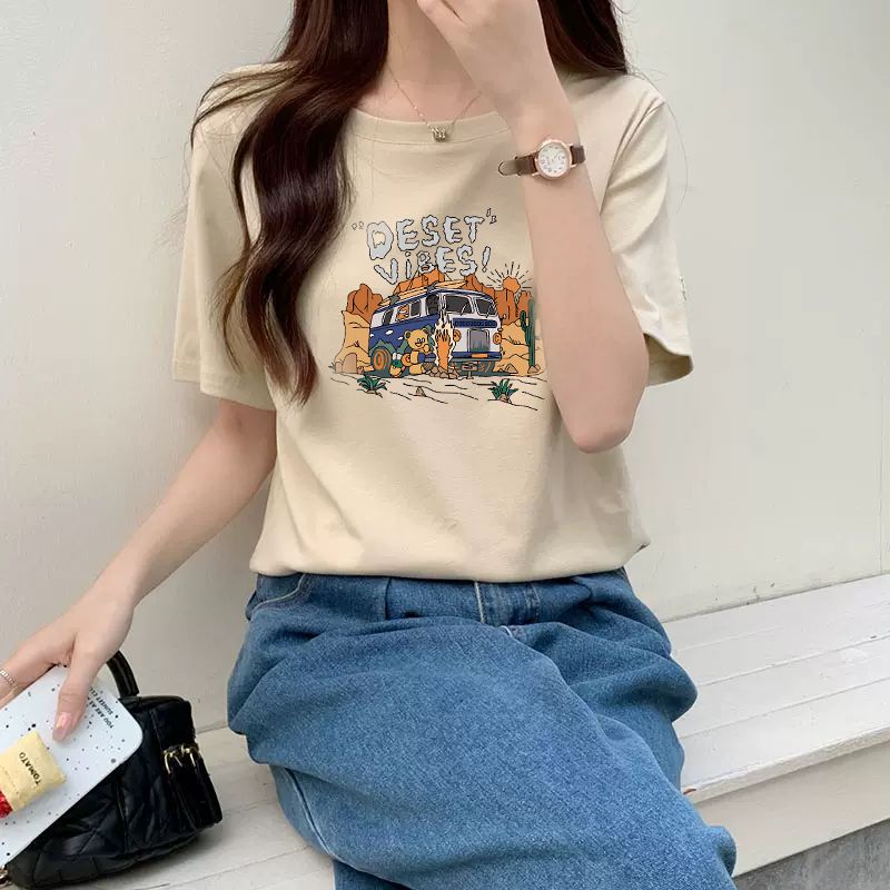 Áo Thun Cotton Tay Ngắn Dáng Rộng Phong Cách Retro Mỹ Thời Trang Mùa Hè Hàng Mới Dành Cho Bạn Nữ