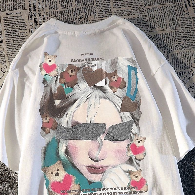 Áo Thun 100% Cotton Tay Ngắn Dáng Rộng In Họa Tiết Hoạt Hình Phong Cách Đường Phố Cho Nam Và Nữ