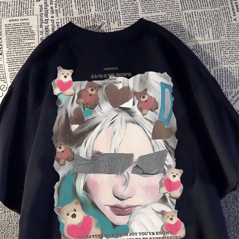 Áo Thun 100% Cotton Tay Ngắn Dáng Rộng In Họa Tiết Hoạt Hình Phong Cách Đường Phố Cho Nam Và Nữ