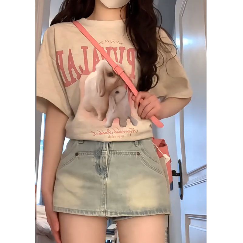 Áo Thun 100% Cotton Tay Ngắn Dáng Rộng In Họa Tiết Chú Thỏ Phong Cách Mỹ Thời Trang Mùa Hè Cho Nữ