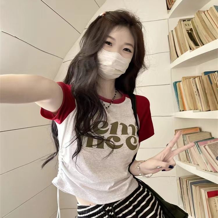 Áo Thun Raglan Tay Ngắn Màu Sắc Retro Thời Trang Mùa Hè Dành Cho Nữ