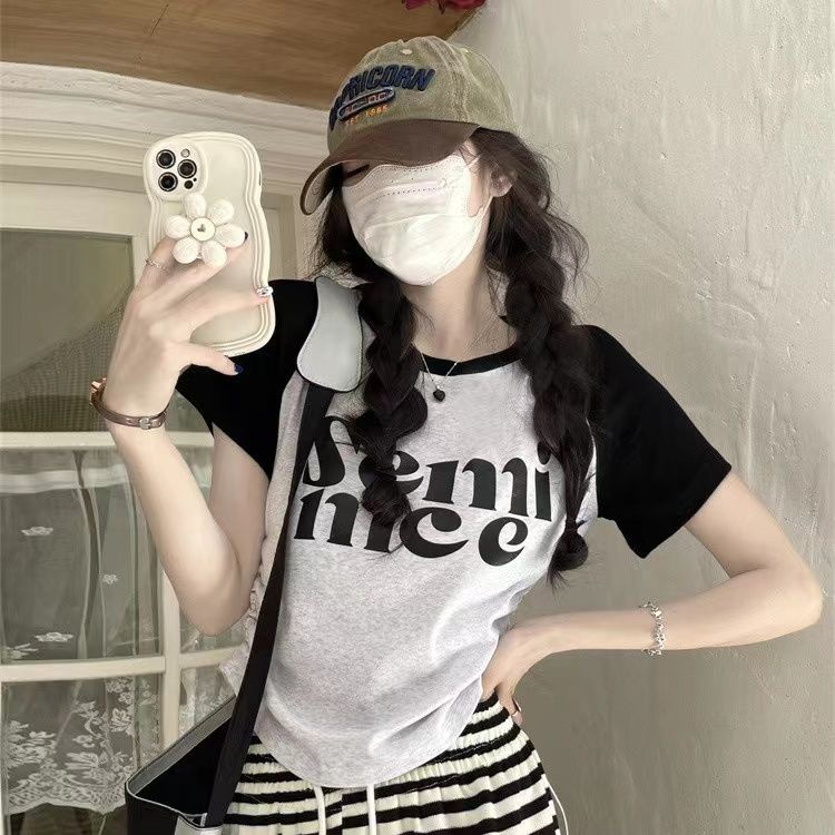 Áo Thun Raglan Tay Ngắn Màu Sắc Retro Thời Trang Mùa Hè Dành Cho Nữ