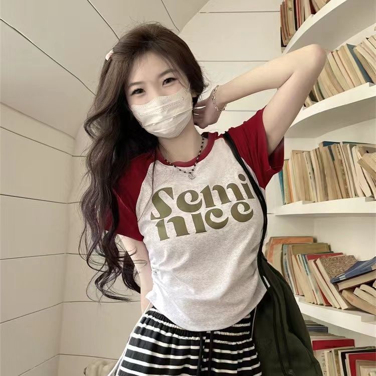 Áo Thun Raglan Tay Ngắn Màu Sắc Retro Thời Trang Mùa Hè Dành Cho Nữ