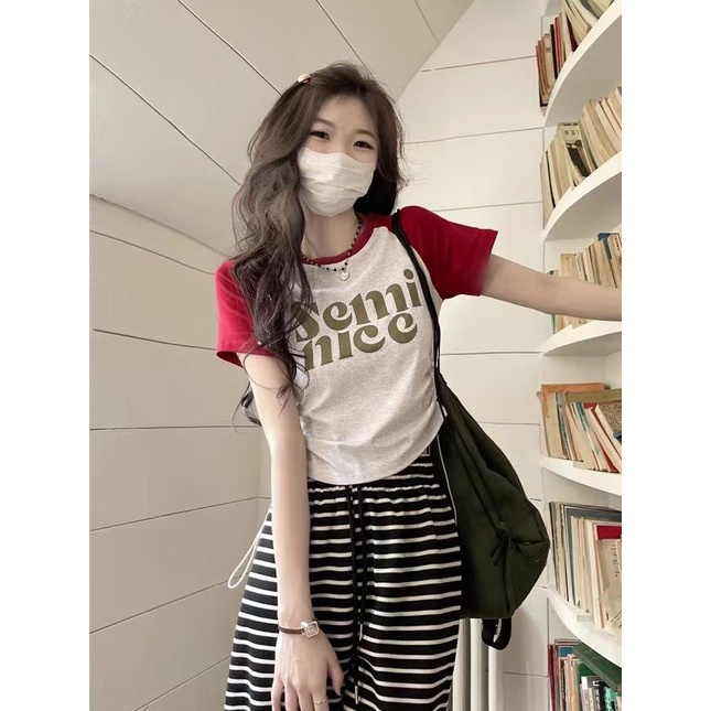 Áo Thun Raglan Tay Ngắn Màu Sắc Retro Thời Trang Mùa Hè Dành Cho Nữ