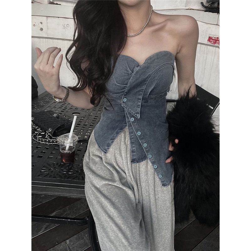 Áo Ống Denim Mỏng Ngắn Ôm Dáng Màu Trơn Có Đệm Ngực Phong Cách Xuân Hè Mới Cho Nữ