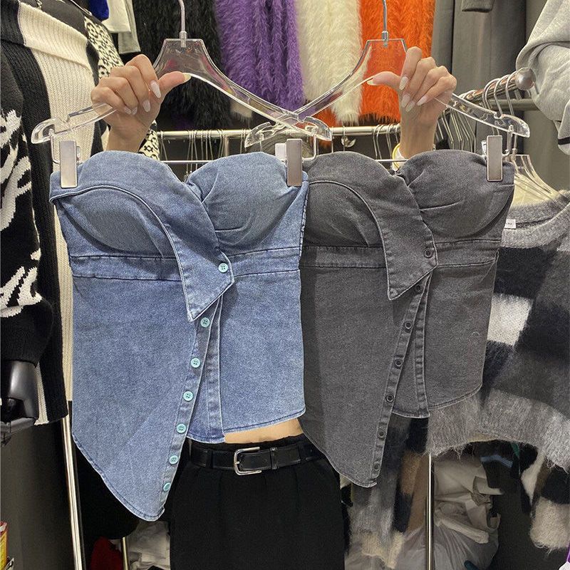 Áo Ống Denim Mỏng Ngắn Ôm Dáng Màu Trơn Có Đệm Ngực Phong Cách Xuân Hè Mới Cho Nữ