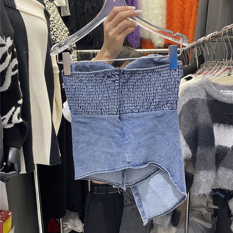 Áo Ống Denim Mỏng Ngắn Ôm Dáng Màu Trơn Có Đệm Ngực Phong Cách Xuân Hè Mới Cho Nữ