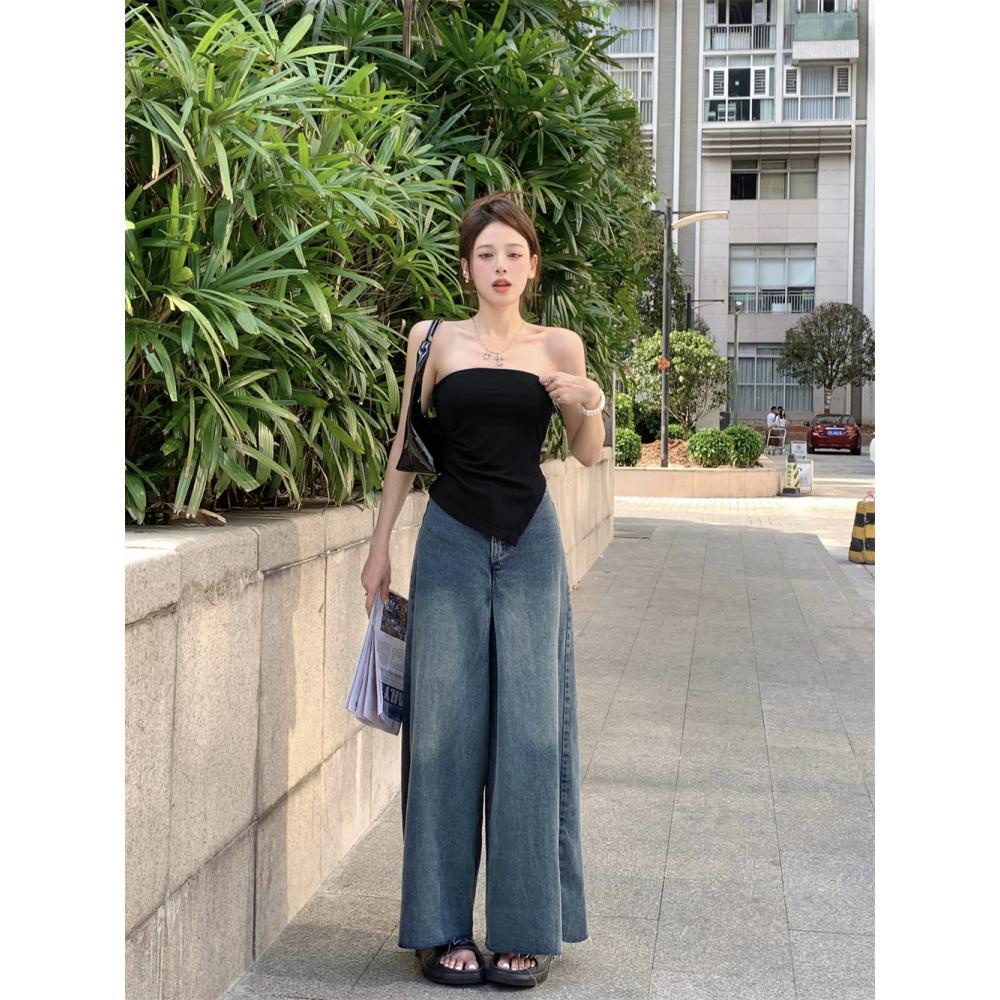 Áo Ống Xẻ Tà Màu Đen Thời Trang Mùa Hè Quyến Rũ Cho Nữ