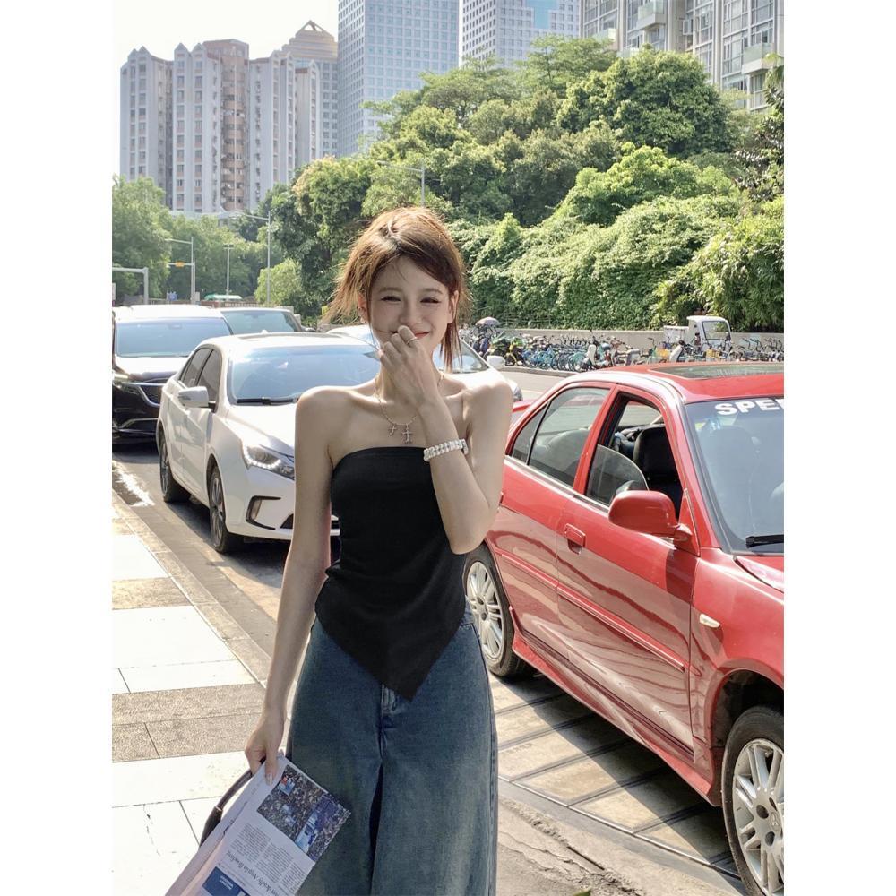 Áo Ống Xẻ Tà Màu Đen Thời Trang Mùa Hè Quyến Rũ Cho Nữ