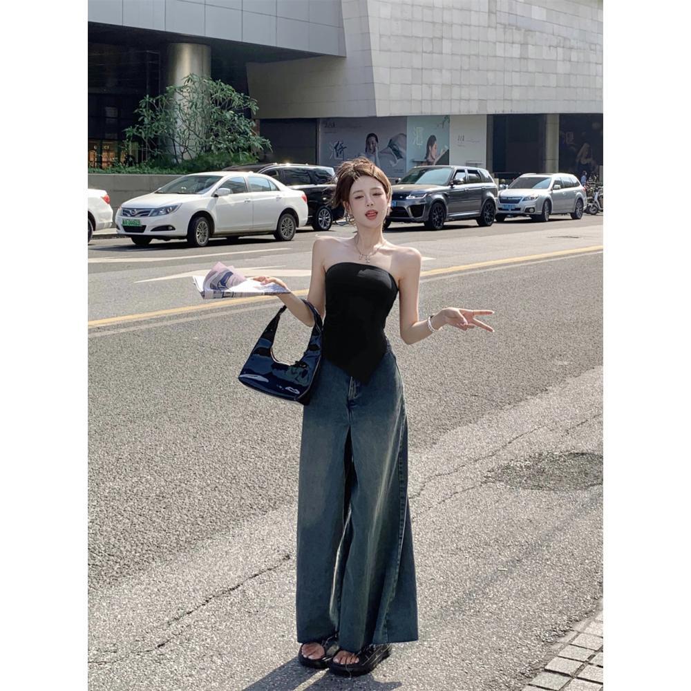 Áo Ống Xẻ Tà Màu Đen Thời Trang Mùa Hè Quyến Rũ Cho Nữ