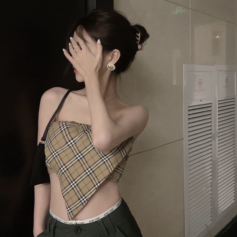 Áo Lửng Hai Dây Họa Tiết Caro Thời Trang Mùa Hè Quyến Rũ Cho Nữ