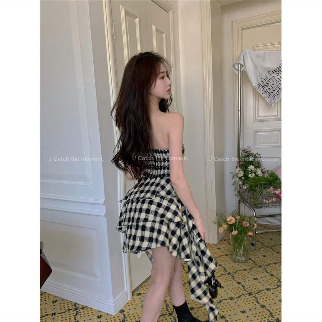 Đầm Ngắn Trễ Vai Họa Tiết Sọc Caro Thiết Kế Độc Đáo Thời Trang Mùa Hè Xinh Xắn Cho Nữ