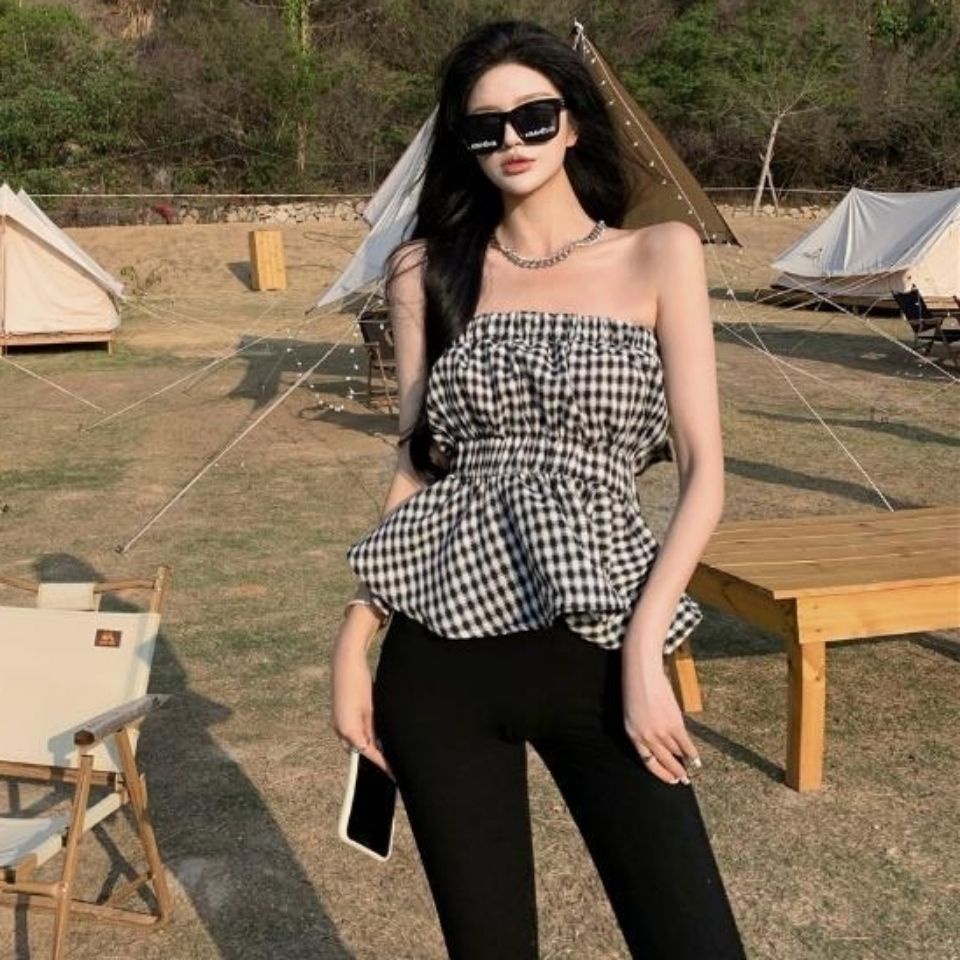 Áo Ống Dáng Chữ A Không Tay Hở Vai Họa Tiết Sọc Caro Phong Cách Retro Thời Trang Mùa Hè Dành Cho Bạn Nữ